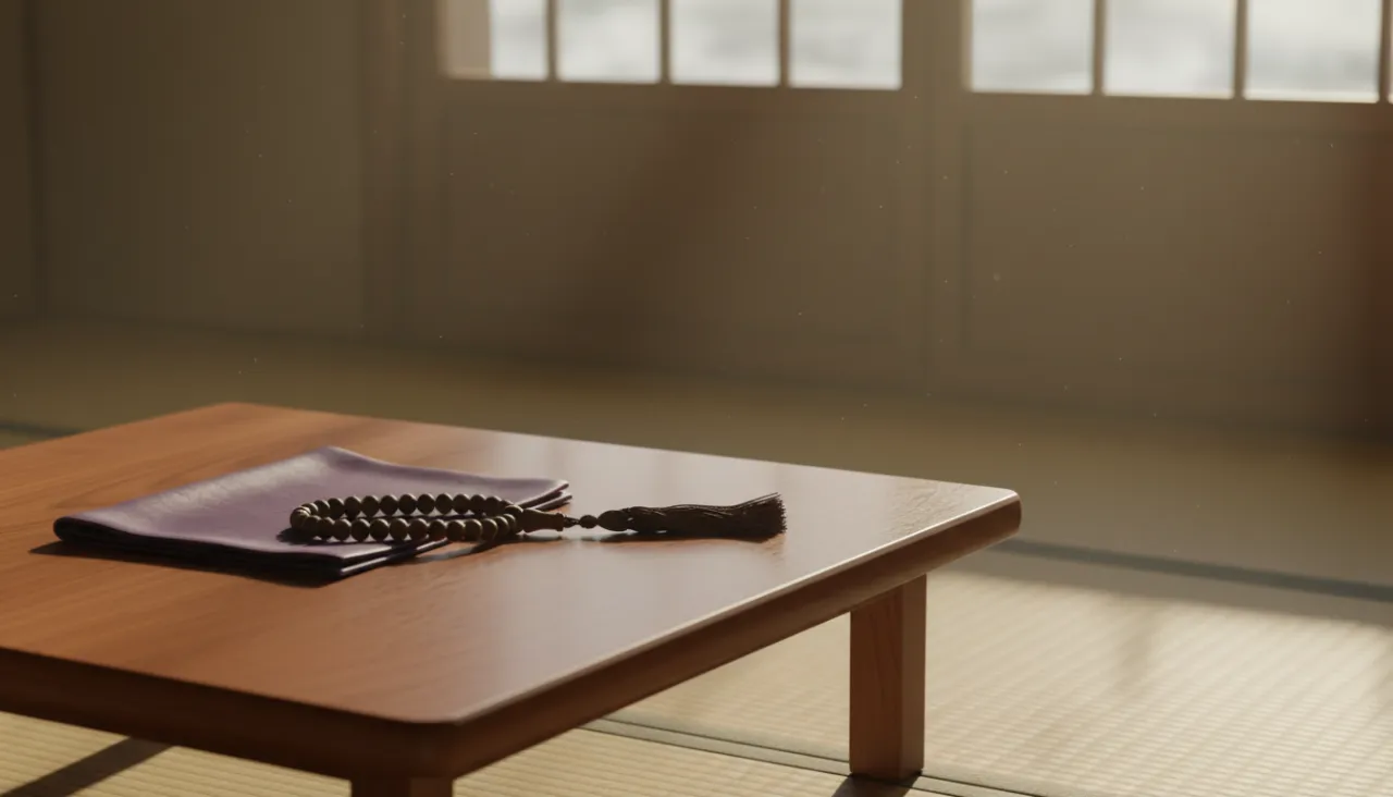 座卓に置かれた数珠と袱紗の静物