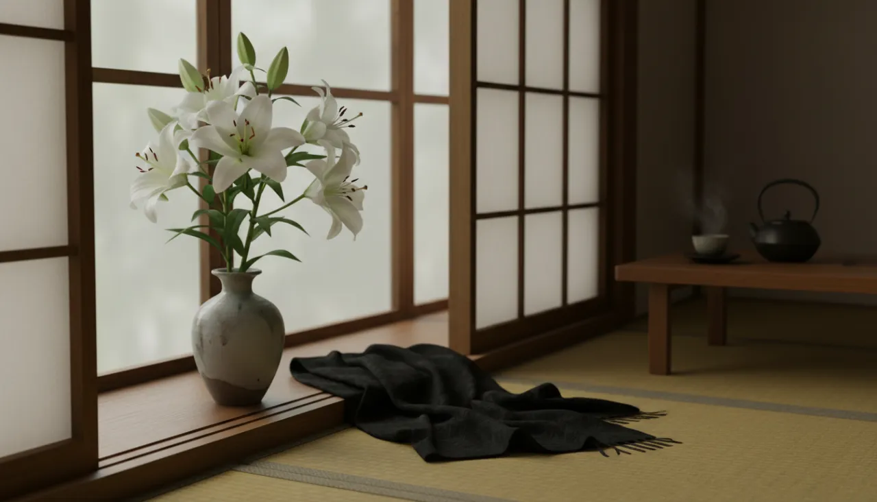 窓辺に置かれた白い百合の花と畳まれた黒いショールの静物