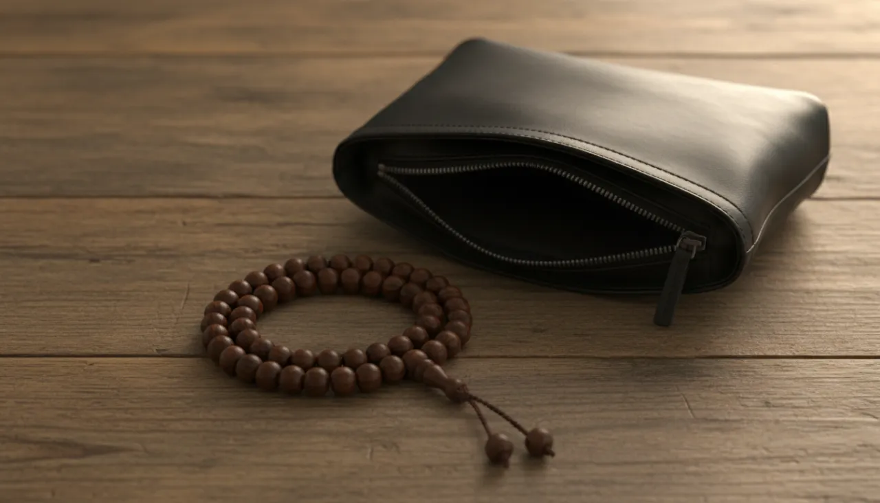 木製のテーブルに置かれた数珠と黒いバッグの静物