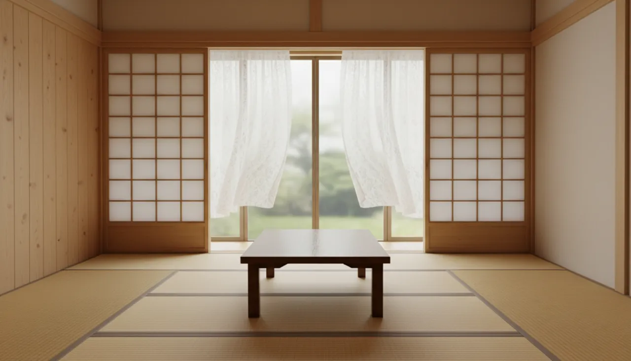 和室の窓辺に白いレースのカーテンが揺れる穏やかな光