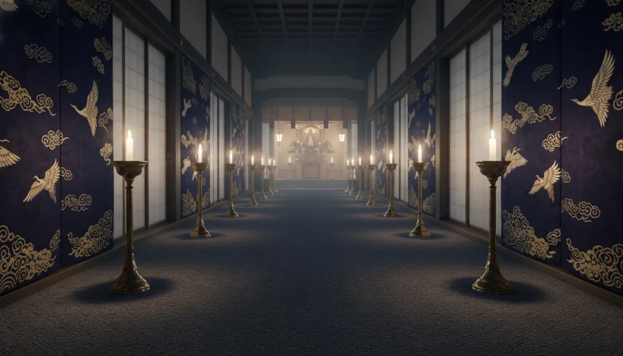 静かな式場の通路と燭台の灯り