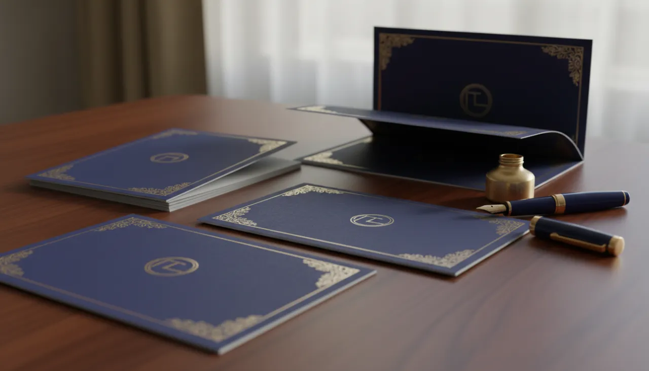 複数のパンフレットと万年筆