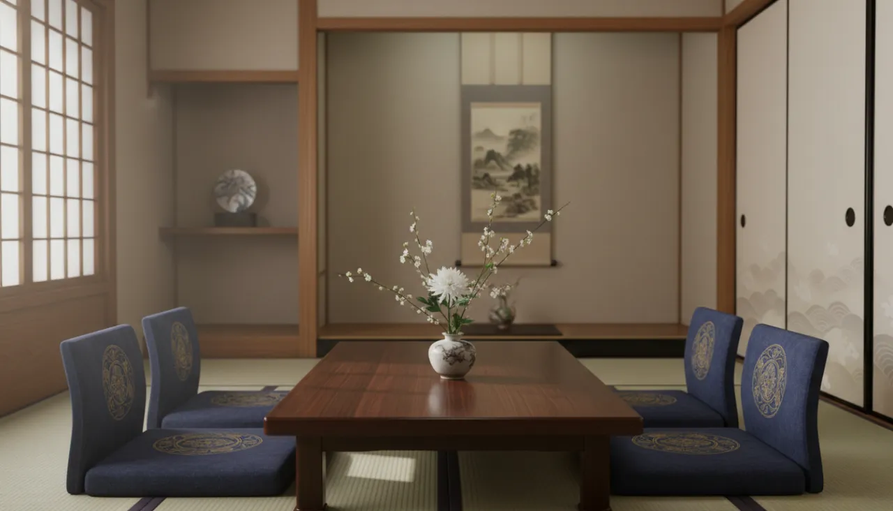 落ち着いた応接室と白い花