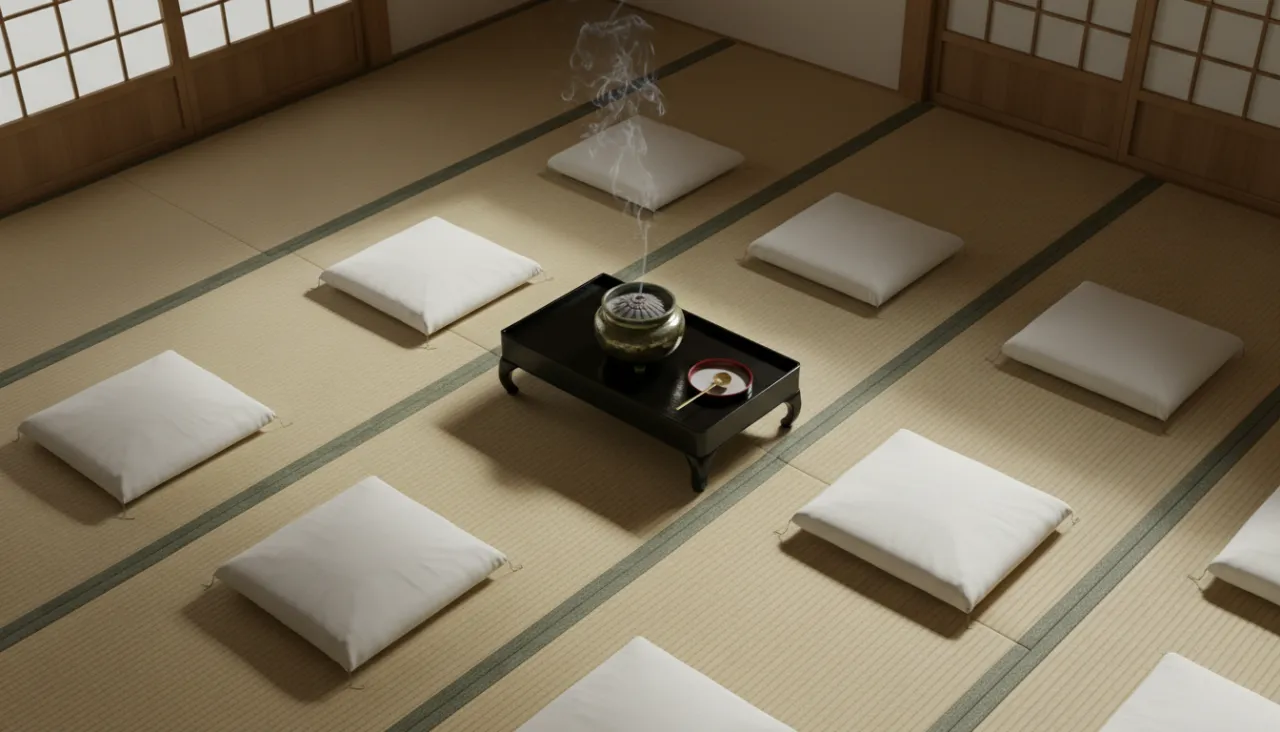 和室に並べられた白い座布団と焼香台、香炉から細い煙が立ち上る俯瞰の静物