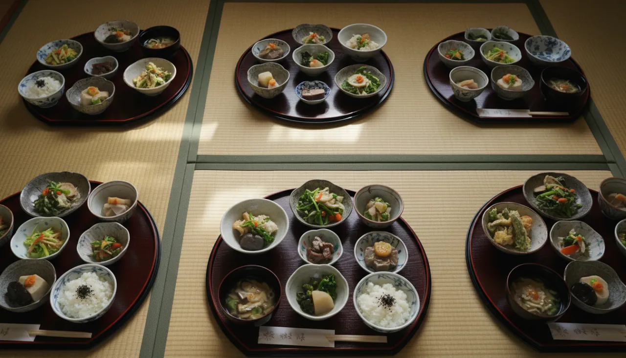 通夜振る舞いの会席膳、精進料理が並ぶ和室の俯瞰